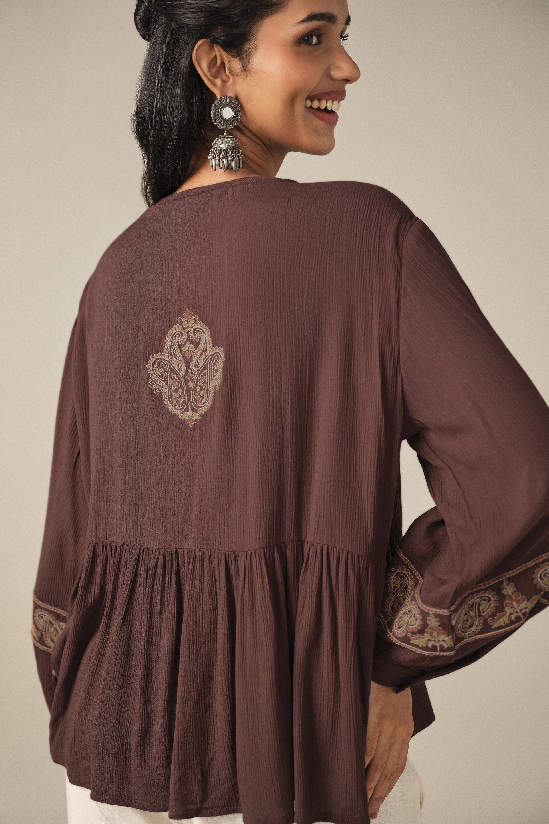 Embroidered Peasant Top in Brown, Brown, image 5